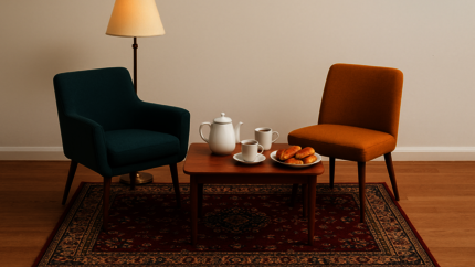 Een groene en gele stoel met tafel, lamp, koffiekopjes en worstebrood